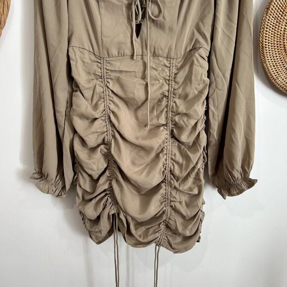 Kittenish Sage Green Lace Up Cinched Ruched Long Sleeve Mini Dress Medium - Picture 5 of 6